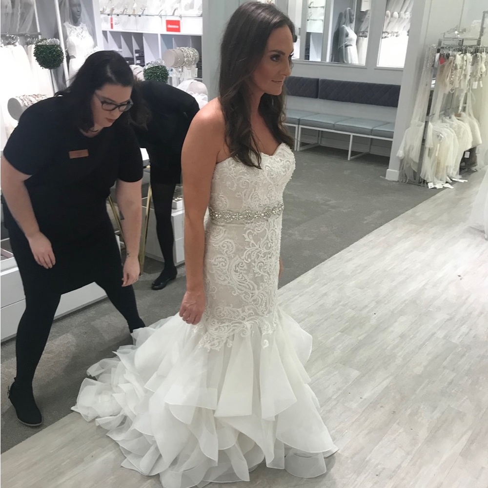 Oleg Cassini scroll lace trumpet wedding dress